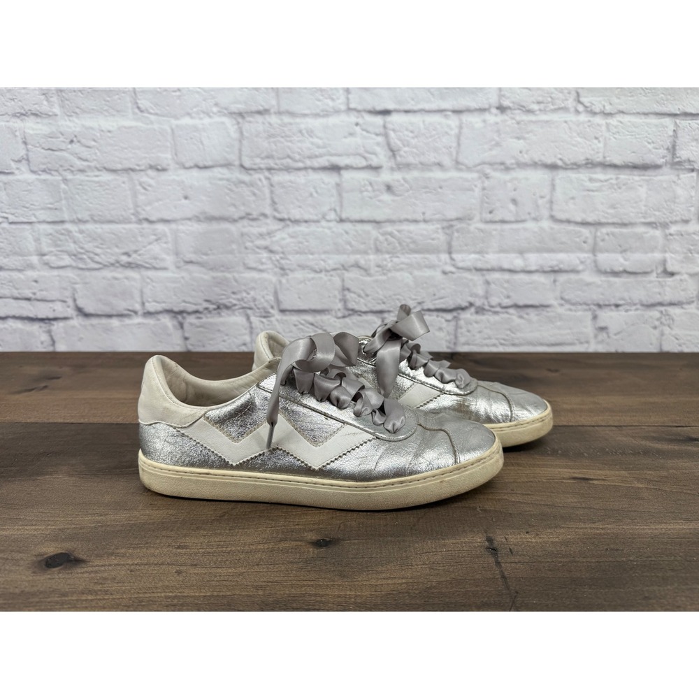 Stuart Weitzman Silver Leather Sneakers with White Accents